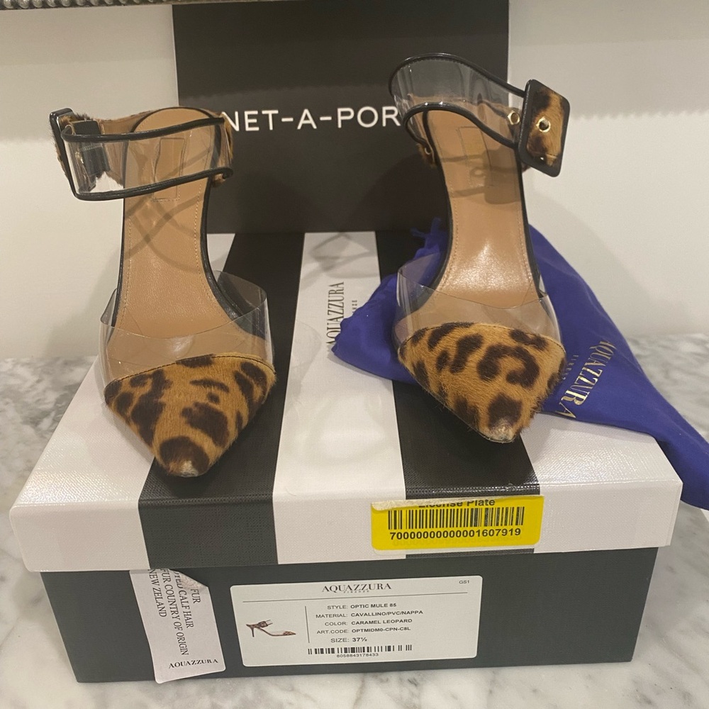 Aquazzura Leopard Print Heels with Black Straps